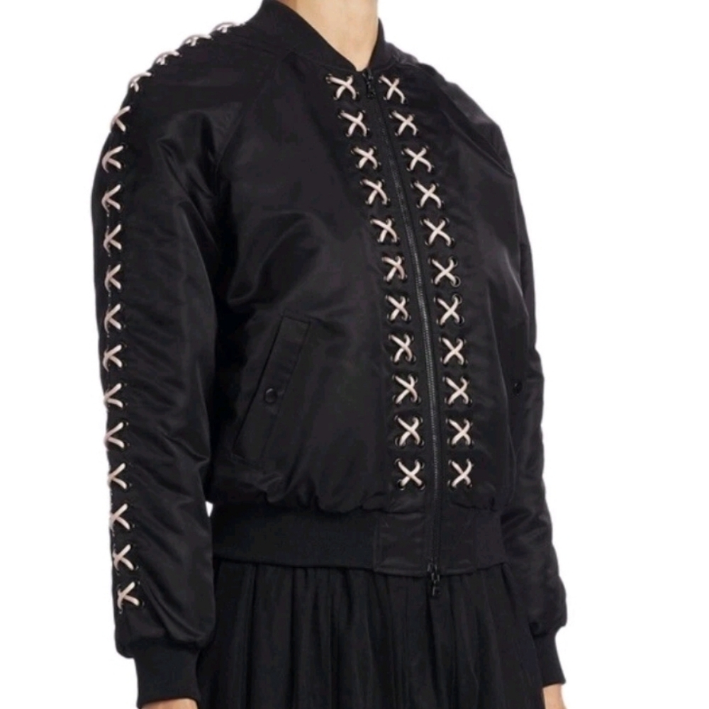 Cinq à Sept Black Bomber Jacket with Cross Stitch Accents
